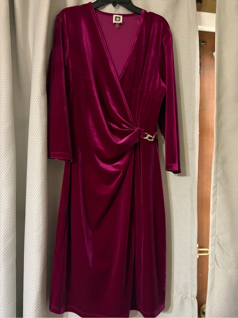 Anne Klein Deep Magenta Velvet Wrap Mini Dress with Gold Clasp